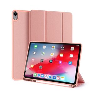 DUX DUCIS DOMO tok álló, bőr hatású (aktív, oldalra nyíló, TRIFOLD, asztali tartó, ceruza tartó, textil minta) RÓZSASZÍN Apple IPAD Air 2020 (Air 4), Apple IPAD Air 2022