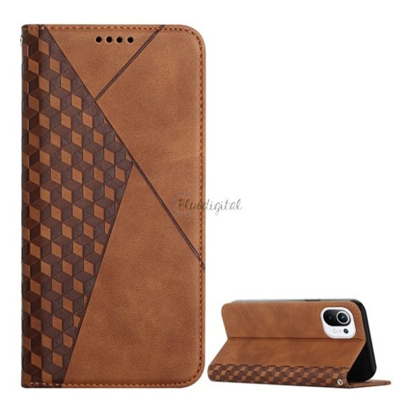 Tok álló, bőr hatású (FLIP, oldalra nyíló, asztali tartó funkció, 3D rombusz minta, prémium) BARNA Xiaomi Mi 11 Lite 4G, Xiaomi Mi 11 Lite 5G, Xiaomi 11 Lite 5G NE