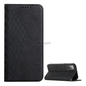 Tok álló, bőr hatású (FLIP, oldalra nyíló, asztali tartó funkció, 3D rombusz minta, prémium) FEKETE Samsung Galaxy S20 FE (SM-G780)