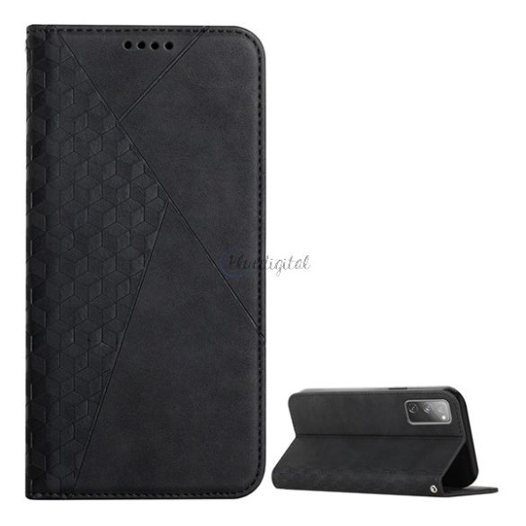 Tok álló, bőr hatású (FLIP, oldalra nyíló, asztali tartó funkció, 3D rombusz minta, prémium) FEKETE Samsung Galaxy S20 FE (SM-G780)