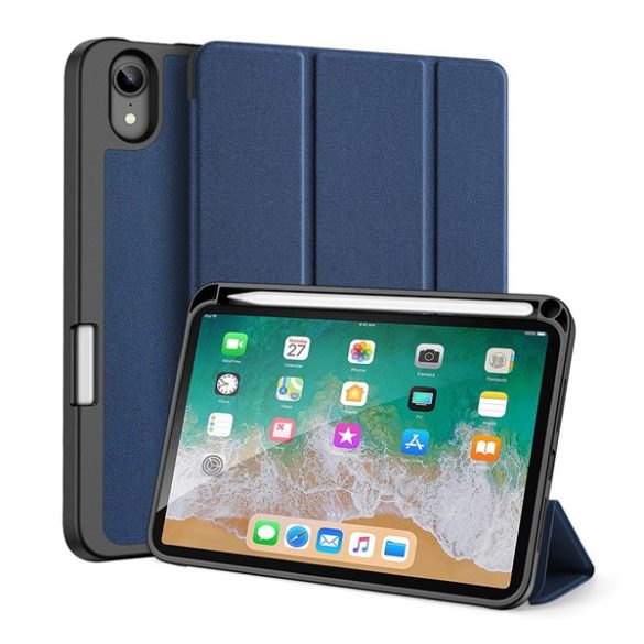 DUX DUCIS DOMO tok álló, bőr hatású (aktív, oldalra nyíló, TRIFOLD, asztali tartó, ceruza tartó, textil minta) SÖTÉTKÉK Apple IPAD mini 6 (2021)