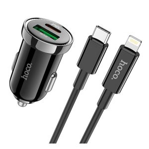 HOCO Z44 autós töltő USB+Type-C aljzat (15W, PD gyorstöltő 3.0 + Type-C - lightning kábel) FEKETE