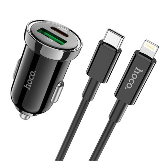 HOCO Z44 autós töltő USB+Type-C aljzat (15W, PD gyorstöltő 3.0 + Type-C - lightning kábel) FEKETE