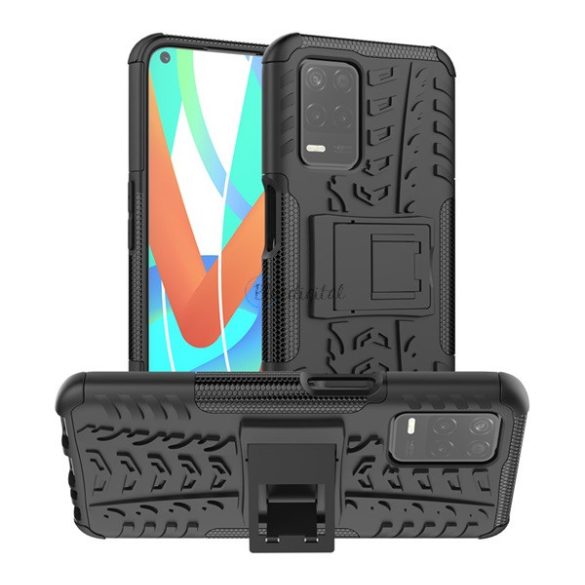 Defender műanyag telefonvédő (közepesen ütésálló, szilikon belső, kitámasztó, autógumi minta) FEKETE Realme 8 5G