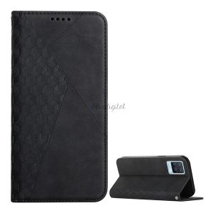 Tok álló, bőr hatású (FLIP, oldalra nyíló, asztali tartó funkció, 3D rombusz minta, prémium) FEKETE Realme 8, Realme 8 Pro