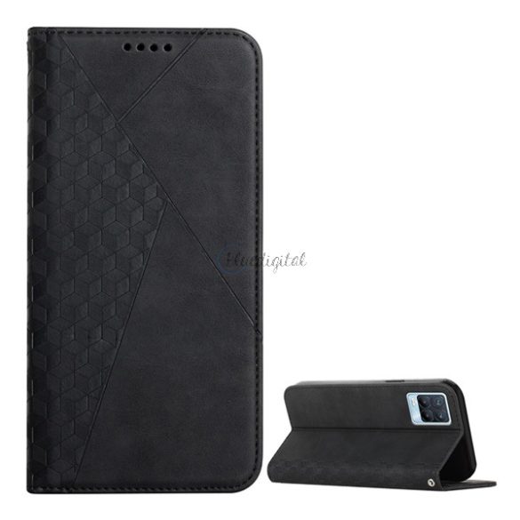 Tok álló, bőr hatású (FLIP, oldalra nyíló, asztali tartó funkció, 3D rombusz minta, prémium) FEKETE Realme 8, Realme 8 Pro