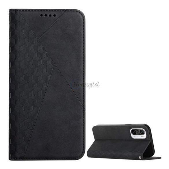 Tok álló, bőr hatású (FLIP, oldalra nyíló, asztali tartó funkció, 3D rombusz minta, prémium) FEKETE Xiaomi Mi 11i, Xiaomi Poco F3, Xiaomi Redmi K40, Xiaomi Redmi K40 Pro