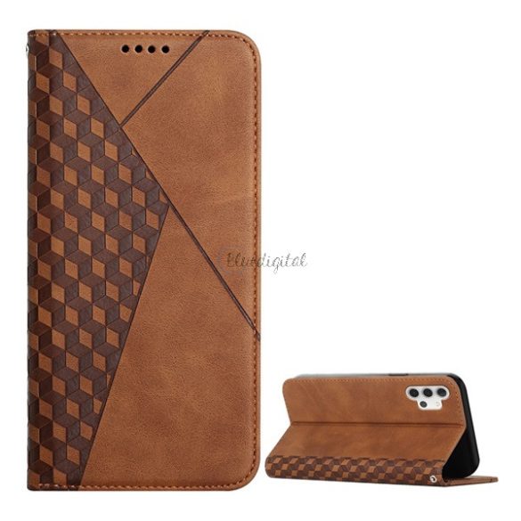 Tok álló, bőr hatású (FLIP, oldalra nyíló, asztali tartó funkció, 3D rombusz minta, prémium) BARNA Samsung Galaxy A32 5G (SM-A326)