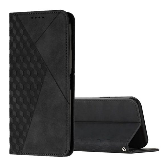 Tok álló, bőr hatású (FLIP, oldalra nyíló, asztali tartó funkció, 3D rombusz minta, prémium) FEKETE Samsung Galaxy A52 4G (SM-A525F), Samsung Galaxy A52 5G (SM-A526F), Samsung Galaxy A52s 5G