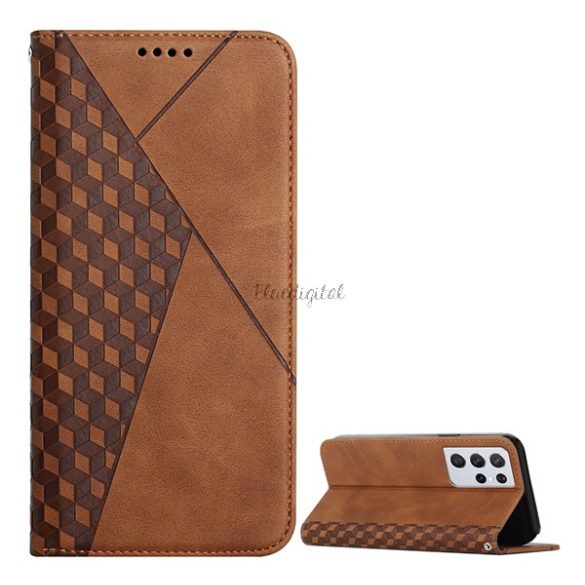 Tok álló, bőr hatású (FLIP, oldalra nyíló, asztali tartó funkció, 3D rombusz minta, prémium) BARNA Samsung Galaxy S21 Ultra (SM-G998) 5G