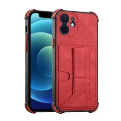   Szilikon telefonvédő (közepesen ütésálló, bőr hatású, bankkártya tartó, asztali tartó funkció + kézpánt) PIROS Apple iPhone 12 mini