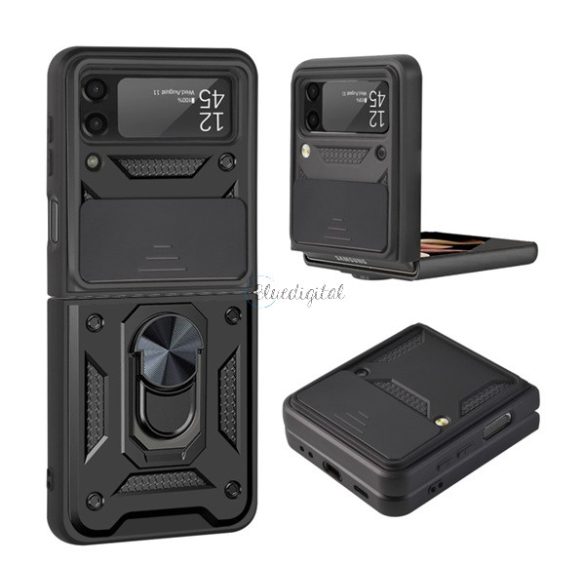 Defender műanyag telefonvédő (közepesen ütésálló, szilikon belső, telefontartó gyűrű, kamera védelem) FEKETE Samsung Galaxy Z Flip3 5G (SM-F711)