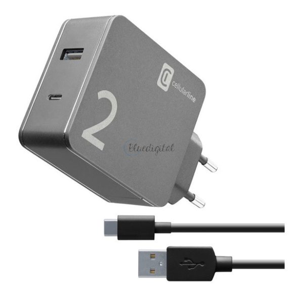 CELLULARLINE hálózati töltő USB+Type-C aljzat (48W gyorstöltő + Type-C kábel) FEKETE