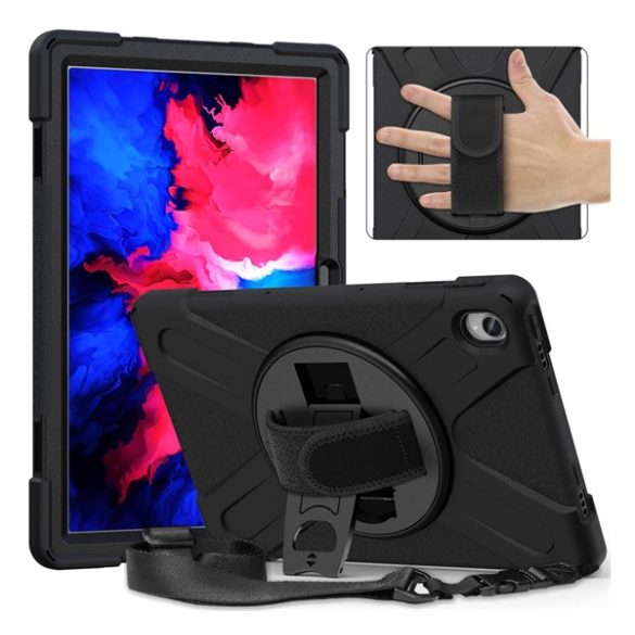 Defender műanyag telefonvédő (ütésállóság, kitámasztó, 360° + kézpánt, vállpánt) FEKETE Lenovo Tab P11 (TB-J606F), Lenovo Tab P11 5G (TB-J607Z), Lenovo Tab P11 Plus (TB-J616F)