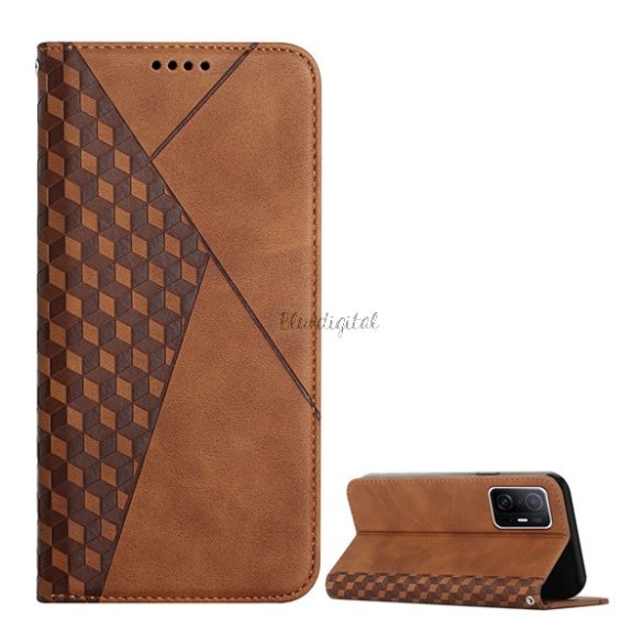 Tok álló, bőr hatású (FLIP, oldalra nyíló, asztali tartó funkció, 3D rombusz minta, prémium) BARNA Xiaomi 11T, Xiaomi 11T Pro