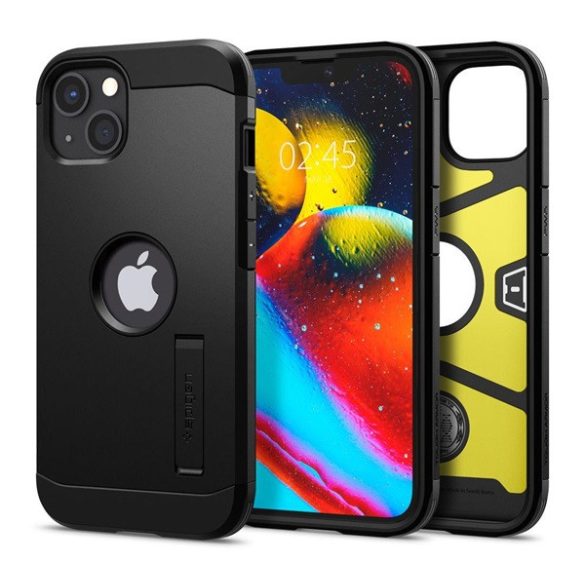 SPIGEN TOUGH ARMOR műanyag telefonvédő (szilikon keret, közepesen ütésálló, kitámasztó, logó kivágás) FEKETE Apple iPhone 13