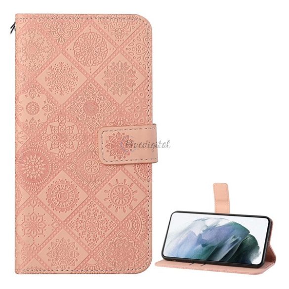 Tok álló, bőr hatású (FLIP, oldalra nyíló, asztali tartó funkció, dombornyomott virágminta) RÓZSASZÍN Xiaomi 11T, Xiaomi 11T Pro