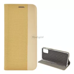   Tok álló, bőr hatású (FLIP, oldalra nyíló, asztali tartó funkció, textil minta) ARANY Samsung Galaxy A03s (SM-A037F)