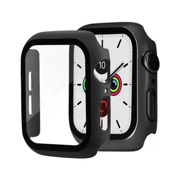 Műanyag keret (ütésálló + kijelzővédő üveg) FEKETE Apple Watch Series 7 41mm