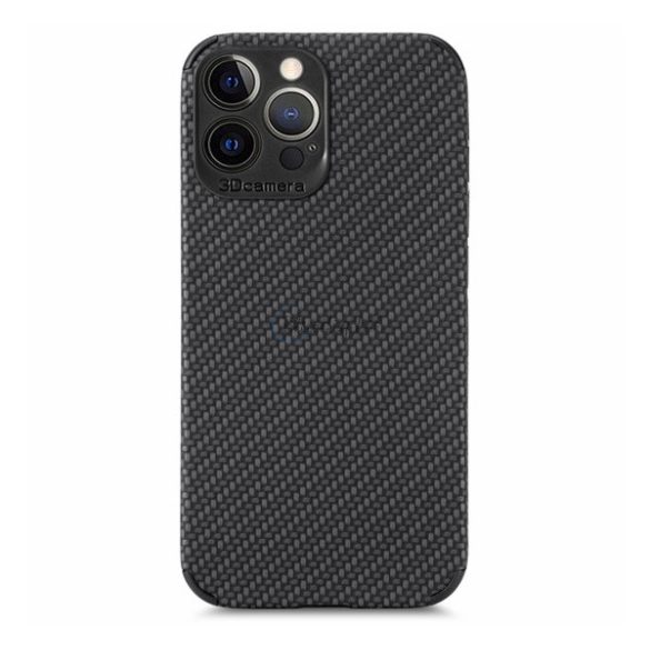 Szilikon telefonvédő (bőr hatású, kamera védelem, karbon minta) FEKETE Apple iPhone 13 Pro