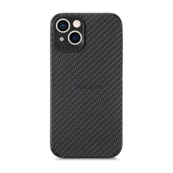Szilikon telefonvédő (bőr hatású, kamera védelem, karbon minta) FEKETE Apple iPhone 13 mini