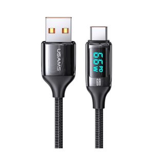 USAMS U78 adatkábel (USB - Type-C, 65W, PD gyorstöltő, 120cm, cipőfűző, LED kijelző) FEKETE