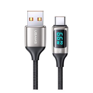 USAMS U78 adatkábel (USB - Type-C, 65W, PD gyorstöltő, 120cm, cipőfűző, LED kijelző) FEKETE/EZÜST