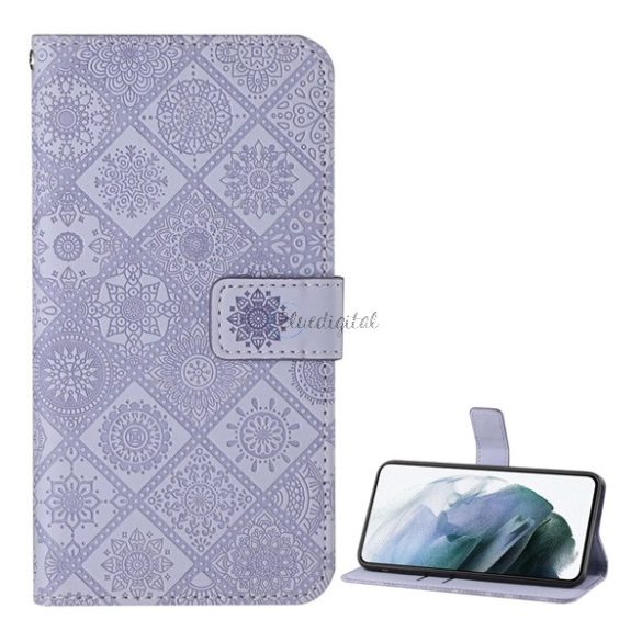 Tok álló, bőr hatású (FLIP, oldalra nyíló, asztali tartó funkció, dombornyomott virágminta) LILA Oppo A16s