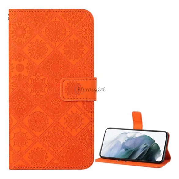 Tok álló, bőr hatású (FLIP, oldalra nyíló, asztali tartó funkció, dombornyomott virágminta) NARANCS Oppo A16s