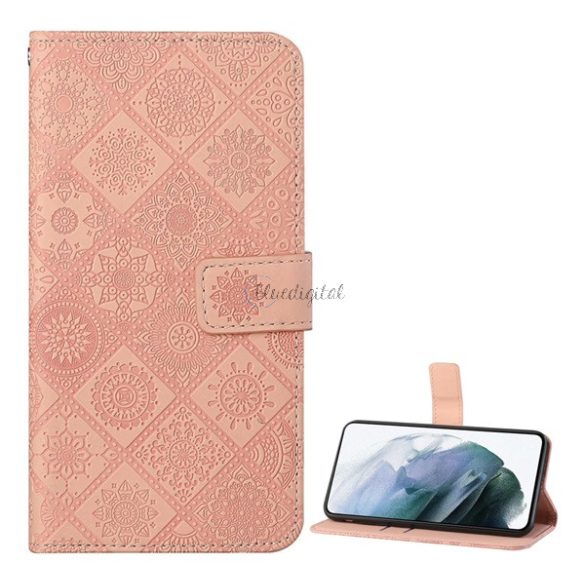 Tok álló, bőr hatású (FLIP, oldalra nyíló, asztali tartó funkció, dombornyomott virágminta) RÓZSASZÍN Oppo A16s