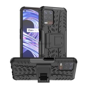 Defender műanyag telefonvédő (közepesen ütésálló, szilikon belső, kitámasztó, autógumi minta) FEKETE Realme 8i