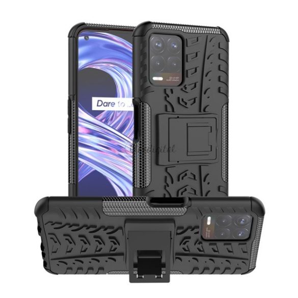 Defender műanyag telefonvédő (közepesen ütésálló, szilikon belső, kitámasztó, autógumi minta) FEKETE Realme 8i