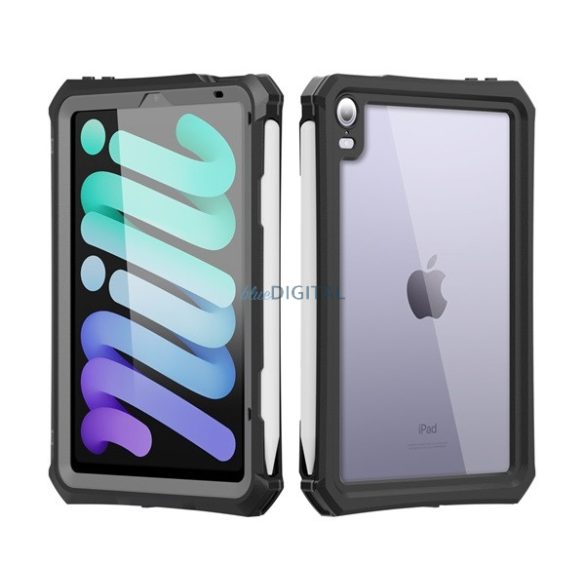 SHELLBOX vízhatlan/vízálló tok, AQUA (3 méterig, IP68, erős ütésállóság, légpárnás sarok, ceruza tartó) FEKETE Apple IPAD mini 6 (2021)
