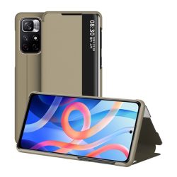   Tok álló, bőr hatású (aktív FLIP, oldalra nyíló, asztali tartó funkció, hívószámkijelzés, View Window) VILÁGOSBARNA Xiaomi Redmi Note 11T 5G, Xiaomi Poco M4 Pro