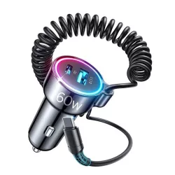   JOYROOM autós töltő USB+Type-C aljzat (55W, PD gyorstöltő 3.0 + fix Type-C kábel) FEKETE