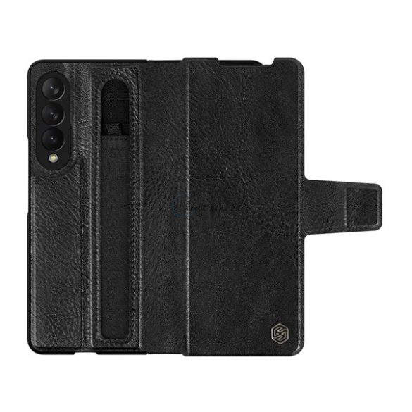NILLKIN AOGE műanyag telefonvédő (valódi bőr hátlap, mikrofiber plüss belső, S Pen tartó) FEKETE Samsung Galaxy Z Fold3 5G (SM-F926)