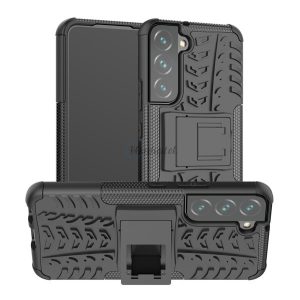 Defender műanyag telefonvédő (közepesen ütésálló, szilikon belső, kitámasztó, autógumi minta) FEKETE Samsung Galaxy S22 5G (SM-S901)