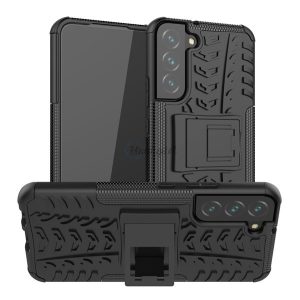 Defender műanyag telefonvédő (közepesen ütésálló, szilikon belső, kitámasztó, autógumi minta) FEKETE Samsung Galaxy S22 Plus 5G (SM-S906)