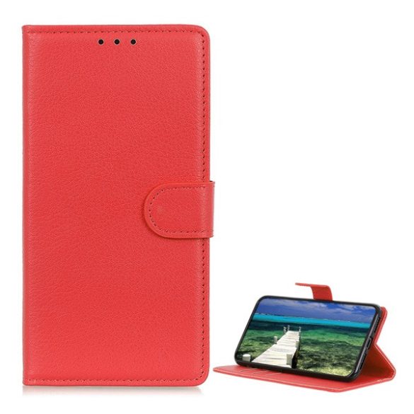 Tok álló, bőr hatású (FLIP, oldalra nyíló, asztali tartó funkció, prémium) PIROS Samsung Galaxy S22 5G (SM-S901)