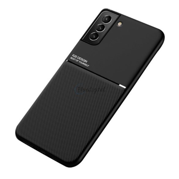 Műanyag telefonvédő (szilikon keret, közepesen ütésálló, beépített fémlemez, bőr hatású hátlap, csíkos minta) FEKETE Samsung Galaxy S22 Plus 5G (SM-S906)