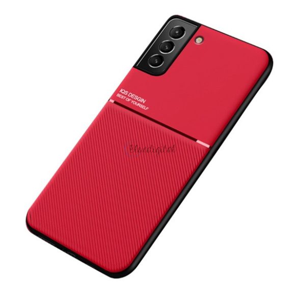 Műanyag telefonvédő (szilikon keret, közepesen ütésálló, beépített fémlemez, bőr hatású hátlap, csíkos minta) PIROS Samsung Galaxy S22 Plus 5G (SM-S906)