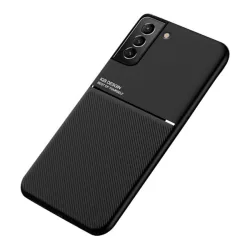   Műanyag telefonvédő (szilikon keret, közepesen ütésálló, beépített fémlemez, bőr hatású hátlap, csíkos minta) FEKETE Samsung Galaxy S22 5G (SM-S901)