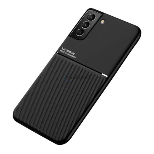 Műanyag telefonvédő (szilikon keret, közepesen ütésálló, beépített fémlemez, bőr hatású hátlap, csíkos minta) FEKETE Samsung Galaxy S22 5G (SM-S901)