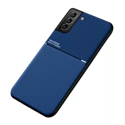   Műanyag telefonvédő (szilikon keret, közepesen ütésálló, beépített fémlemez, bőr hatású hátlap, csíkos minta) SÖTÉTKÉK Samsung Galaxy S22 5G (SM-S901)