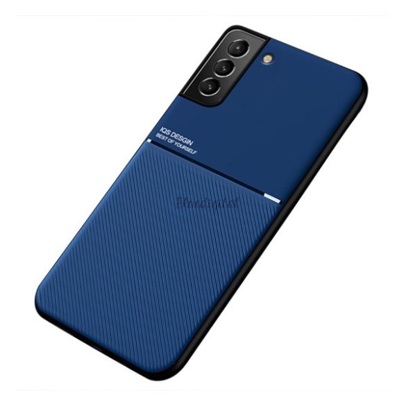 Műanyag telefonvédő (szilikon keret, közepesen ütésálló, beépített fémlemez, bőr hatású hátlap, csíkos minta) SÖTÉTKÉK Samsung Galaxy S22 5G (SM-S901)