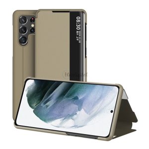Tok álló, bőr hatású (FLIP, oldalra nyíló, asztali tartó funkció, hívószámkijelzés, View Window) VILÁGOSBARNA Samsung Galaxy S22 Ultra 5G (SM-S908)