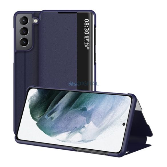 Tok álló, bőr hatású (FLIP, oldalra nyíló, asztali tartó funkció, hívószámkijelzés, View Window) SÖTÉTKÉK Samsung Galaxy S22 5G (SM-S901)
