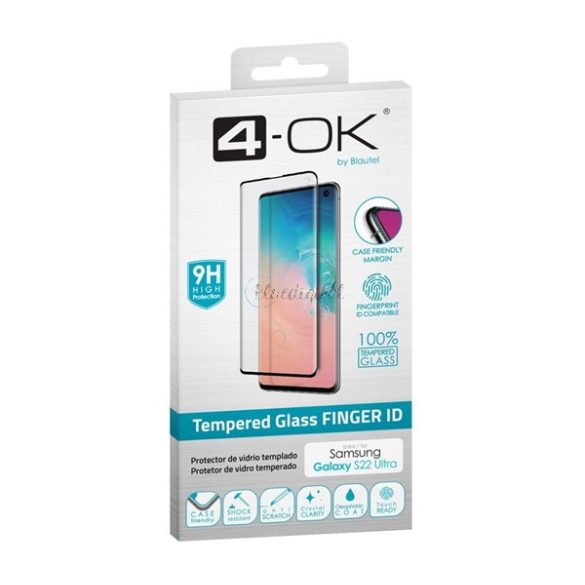 4-OK képernyővédő üveg (3D, íves, karcálló, tokbarát, ujjlenyomat olvasó, 9H) FEKETE Samsung Galaxy S22 Ultra 5G (SM-S908)