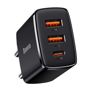 BASEUS COMPACT hálózati töltő 2 USB+Type-C aljzat (20W, PD gyorstöltő 3.0) FEKETE