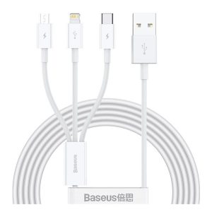 BASEUS töltőkábel 3in1 (USB - lightning/microUSB/Type-C, gyorstöltő, 150cm) FEHÉR 